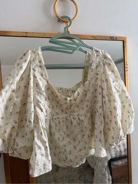 Women's Floral Puff-Sleeve Square Neck Top - Cream with Pink Roses